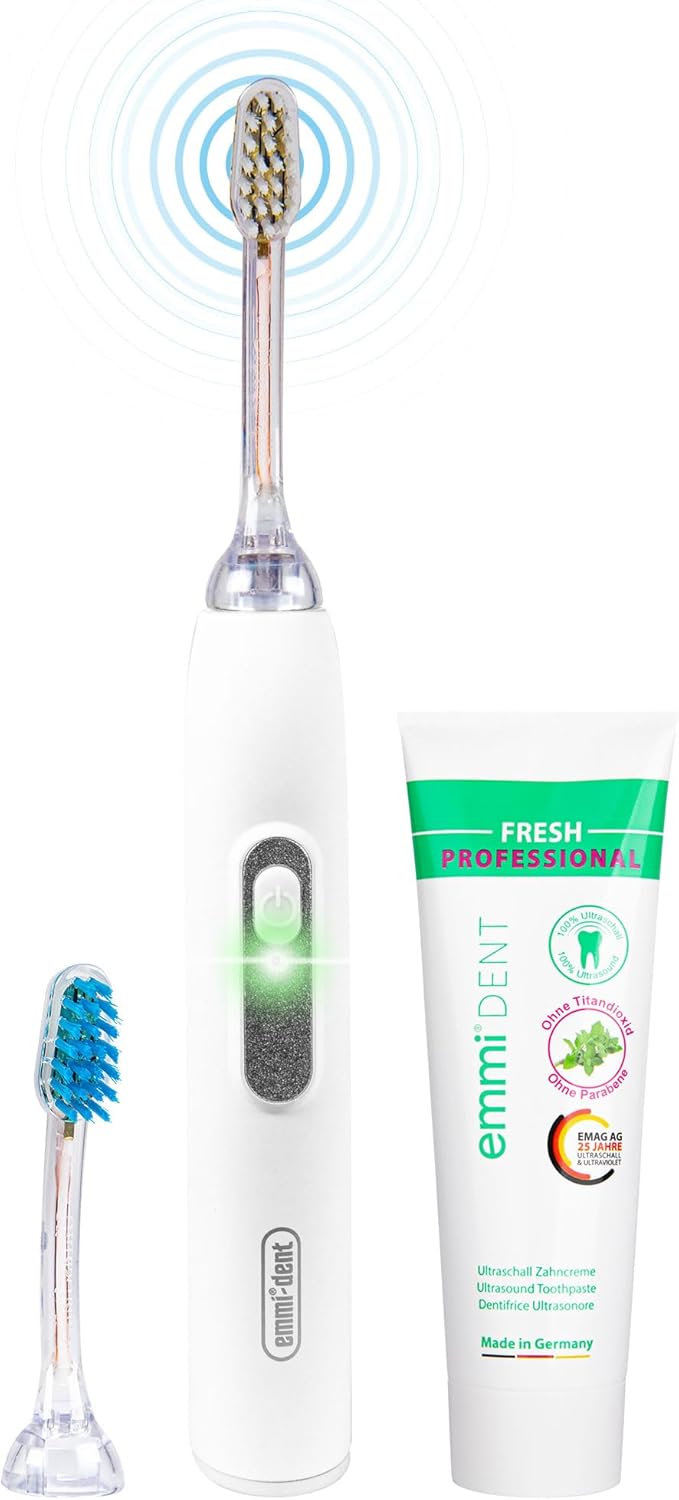 Brosse à dents électrique à ultrasons pour dents sensibles 1 emmi®-dent Metallic Brosse à Dents Électrique à Ultrasons (kit de Base Blanc) I Idéal pour Dents et Gencives Sensibles I Brossage Optimal des Dents sans Frottement I Autonomie Piles Jusqu'à 12 Jours