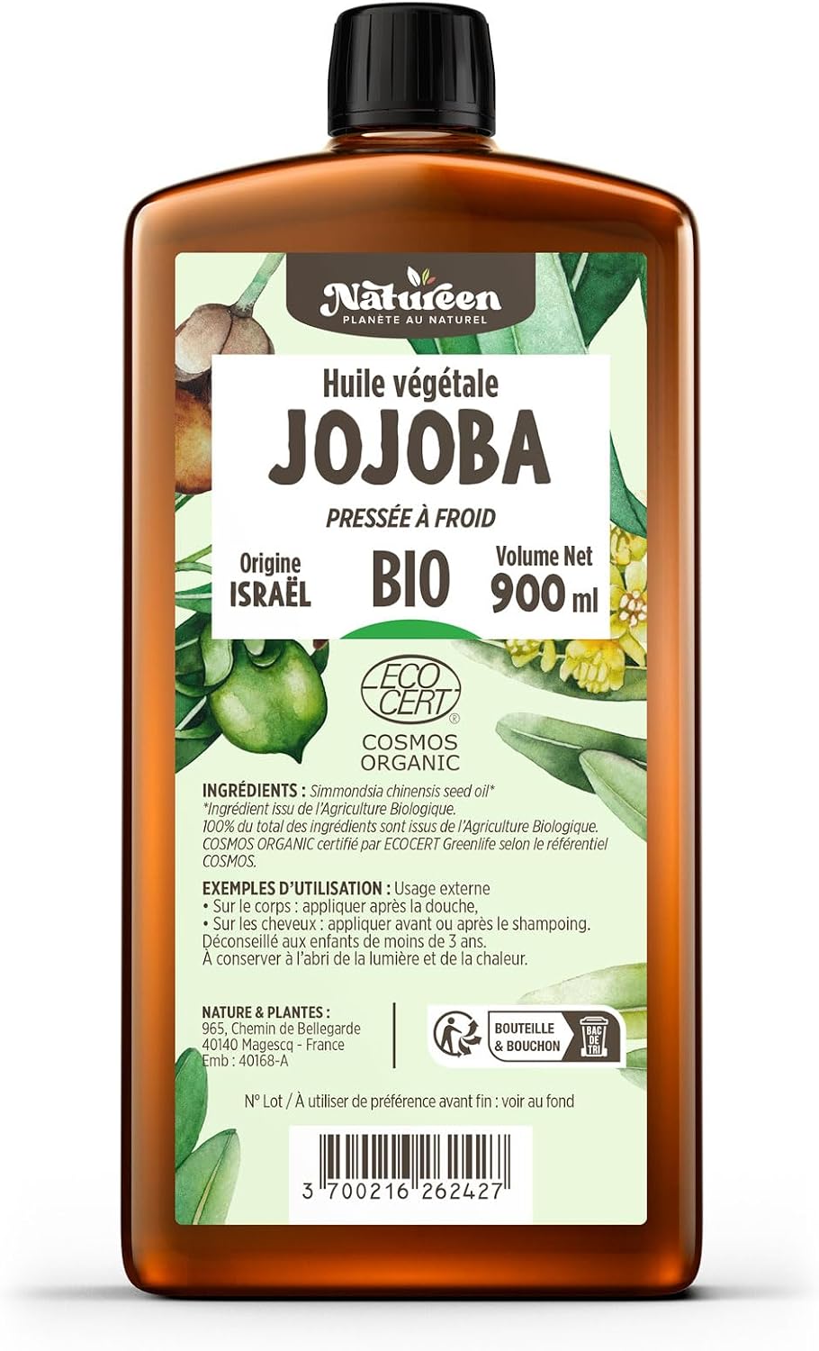 Huile de jojoba bio pour Corps et cheveux 1 Huile de JOJOBA Bio 900 ml - Cosmos Organic - Planète au Naturel - Pure, Naturelle et Pressée à froid - Cheveux, Corps, Peau